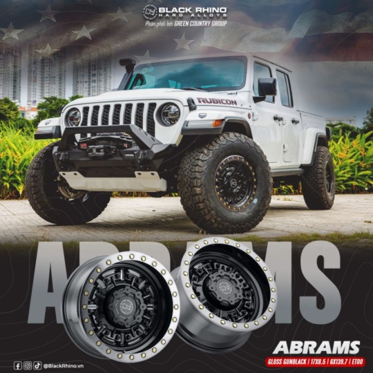 Mâm Black Rhino Abrams cho Jeep 17×9.5 | 5×127 | ET-18 | CB71.6 (Màu Đen bóng viền bạc)