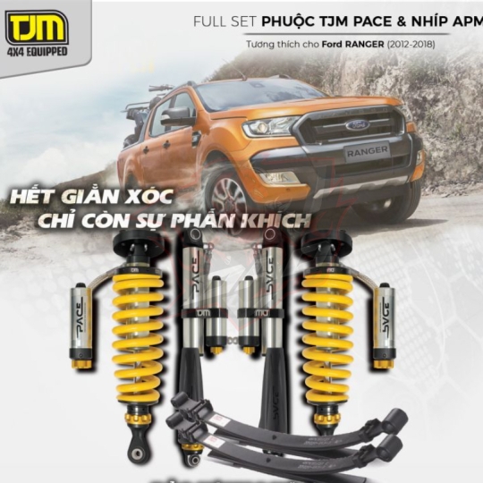Full Set giảm xóc hiệu suất cao cho Ford Ranger PXII với Bộ Phuộc TJM Pace & Nhíp APM